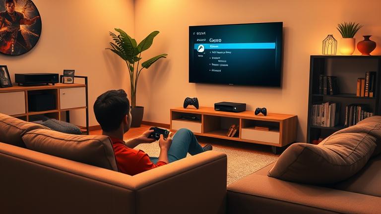 alt_text: Person on couch exiting an Xbox game, with warm lighting and clear interface details.