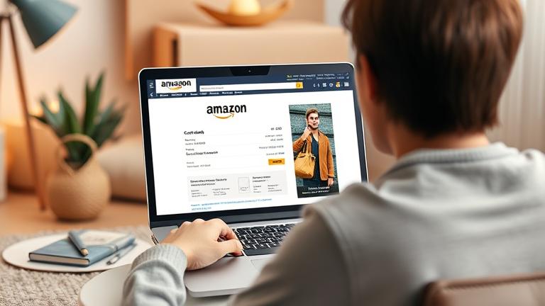 alt_text: Person managing credit card info on Amazon laptop in cozy workspace, highlighting online account management.
