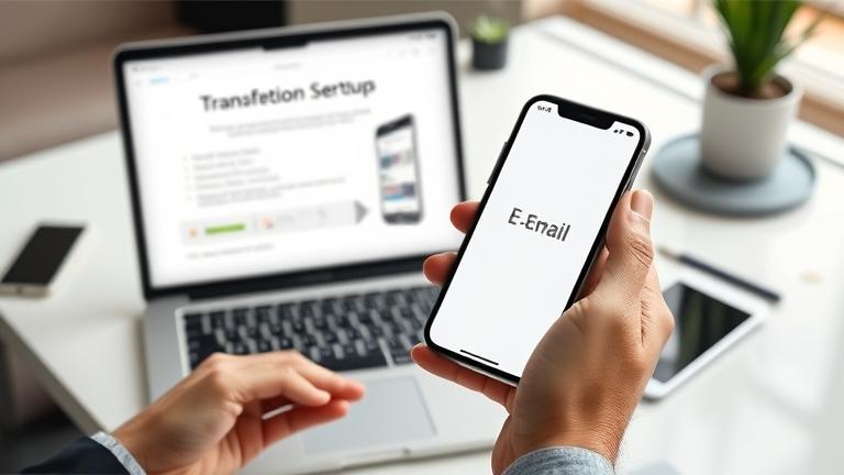 alt_text: Person holding iPhone with email app open; workspace shows email setup and data transfer.