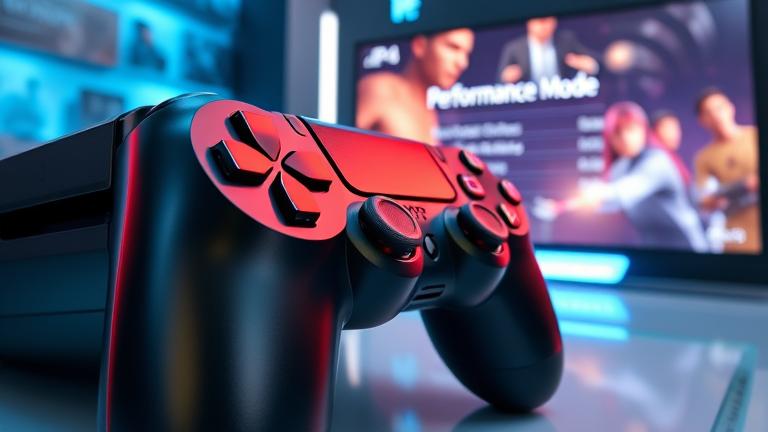 alt_text: PS4 with highlighted power button, vibrant game visuals, modern setup, glowing "Performance Mode"