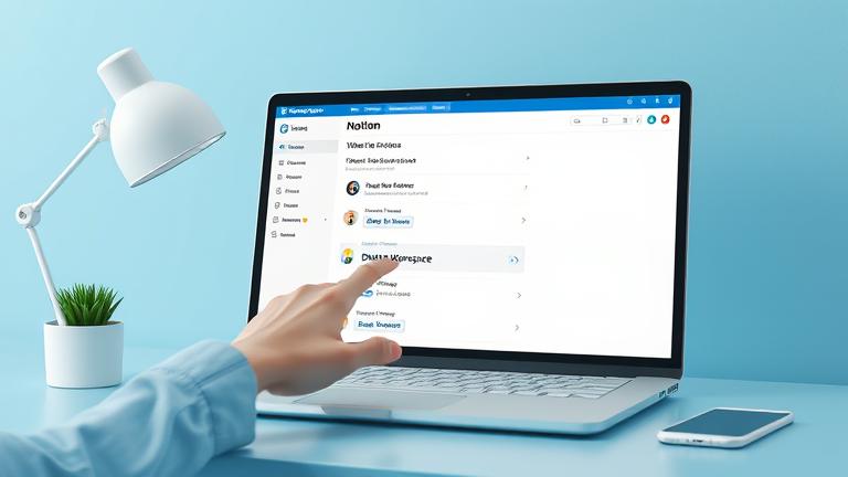 alt_text: User hovers over "Delete Workspace" in Notion on a clean, modern laptop screen.