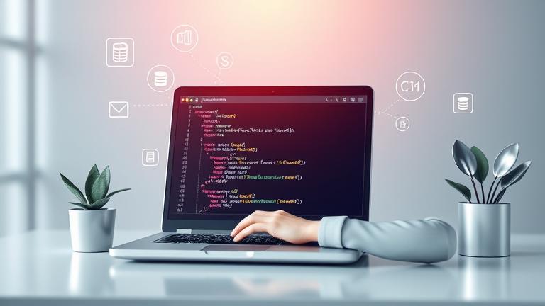alt_text: Developer managing MariaDB users on laptop with database icons and SQL queries in a modern setting.