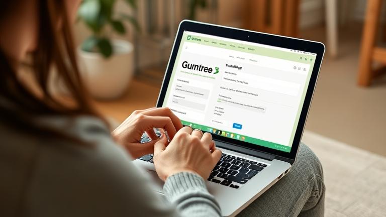 alt_text: Person updates Gumtree profile on laptop in cozy home, focusing on email settings.
