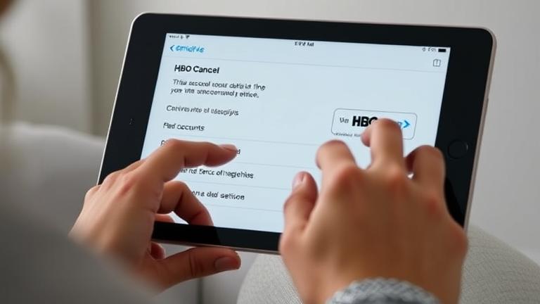 alt_text: Person cancels HBO via Prime Video on a tablet, displaying settings and unsubscribe icon.