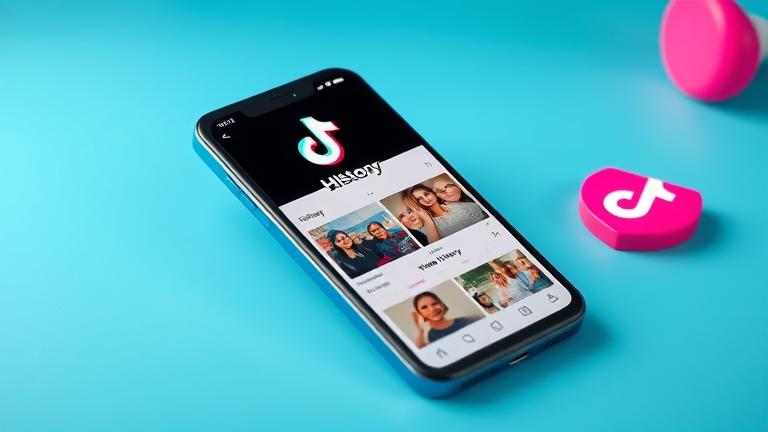 alt_text: TikTok app on phone showing Watch History with icons, timeline, and vibrant branding.