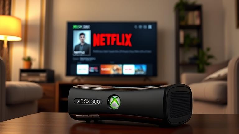 alt_text: Xbox 360 console in cozy living room with Netflix app open on TV screen.