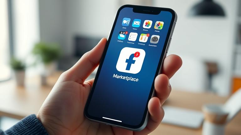 alt_text: iPhone home screen with Facebook Marketplace icon held in a bright, modern workspace.