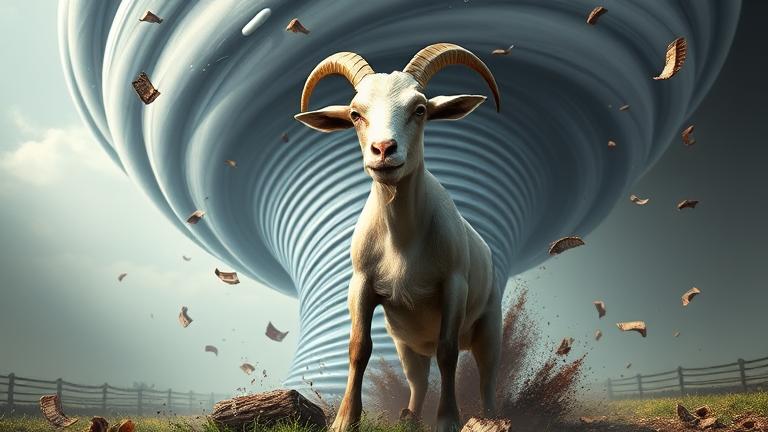 alt_text: Mischievous tornado goat stands heroically amid swirling winds, Xbox logo hints in chaos.