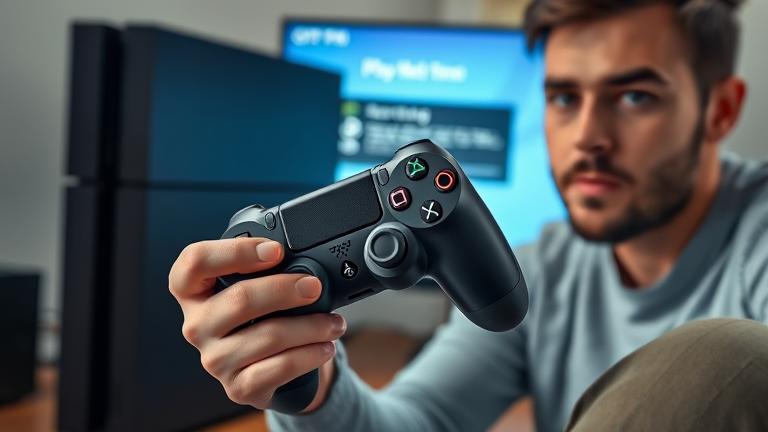 alt_text: Person gaming with PS4, hinting at troubleshooting and account issues in a modern setup.