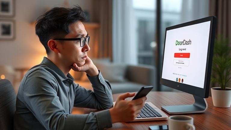 alt_text: Frustrated person with DoorDash login error on screen in a modern home.