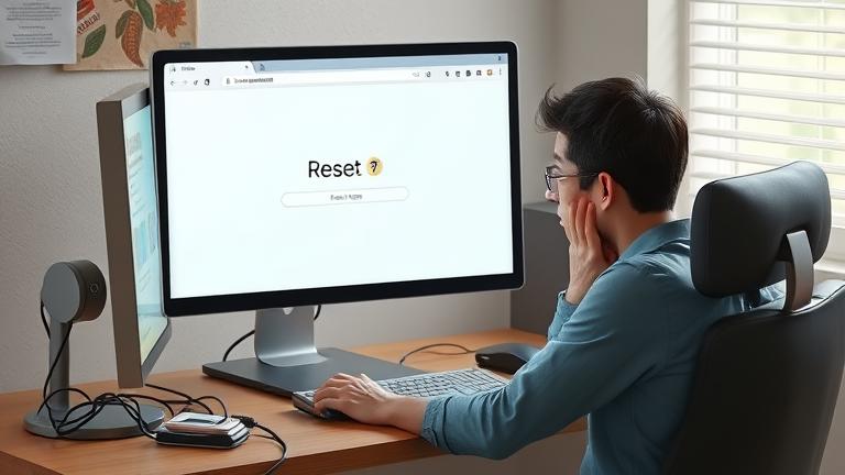 alt_text: Frustrated user at desk with Chrome open, lost settings, tangled cables, and concerned expression.