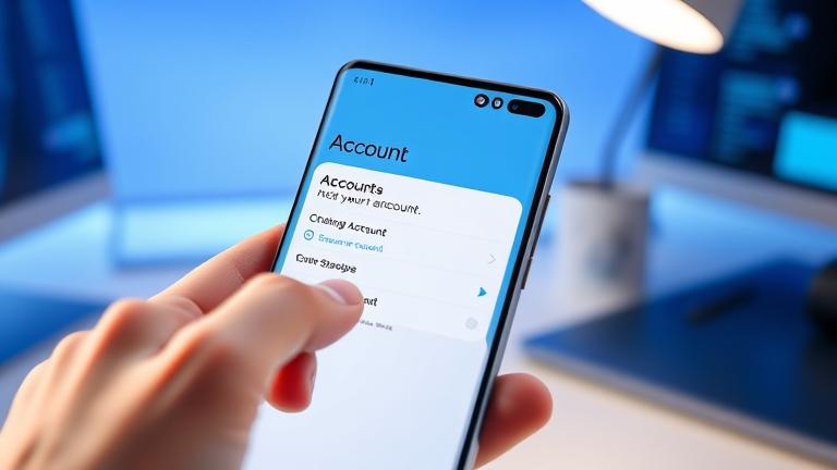 alt_text: Close-up of Galaxy S10 with account settings, in a sleek workspace, ready to update.