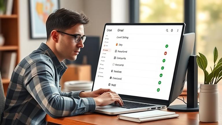 alt_text: Person at desk managing Gmail on laptop in a modern, cozy workspace.