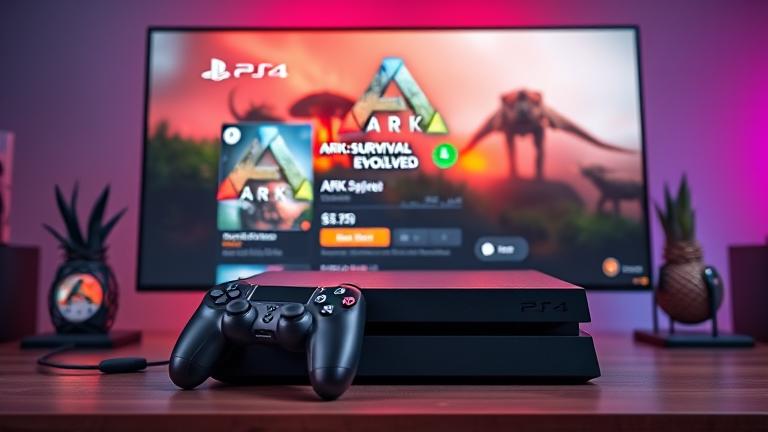 alt_text: PS4 console with ARK: Survival Evolved store page, gaming setup, vibrant lighting.