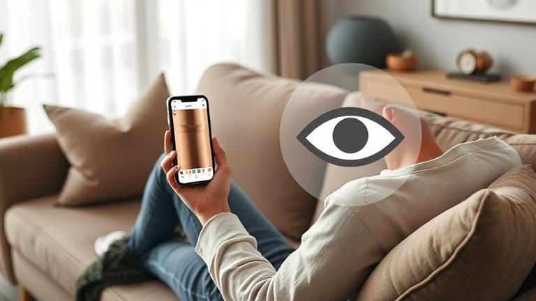 A person on a cozy couch with a blurred Instagram story, symbolizing "unseeing" or hiding.
