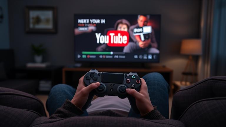 alt_text: Frustrated gamer with a PS4 controller, TV shows error, buffering, and frozen YouTube app.