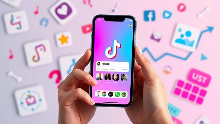 alt_text: Person holding phone showing TikTok, with social icons, growth charts, and cheerful vibes.