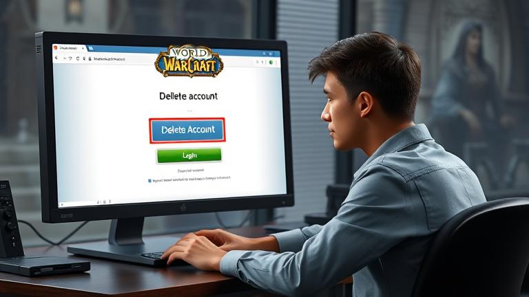 alt_text: Person at desk with WoW login page, highlighting "Delete Account" button in a gaming-themed setting.
