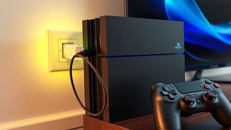 alt_text: PS4 plugged in with power display, controller, TV, showing energy use during gaming.