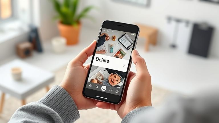 alt_text: Person deleting photos on Google Photos app in a cozy home workspace.