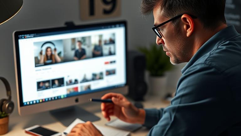 Concerned person reviews YouTube channel info on screen in modern workspace, contemplating digital management.