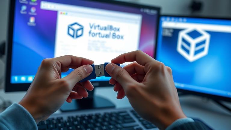 alt_text: Hands insert USB into PC with VirtualBox running OS installation on screen.