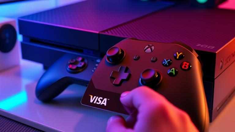 alt_text: Xbox One with a Visa gift card, highlighting gaming purchases in a vibrant, modern setting.