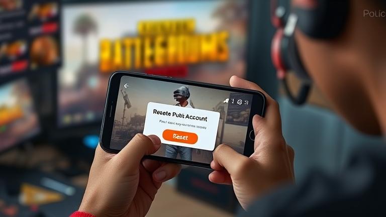 alt_text: Person with phone showing "Reset Account" in PUBG Mobile, gaming setup background.