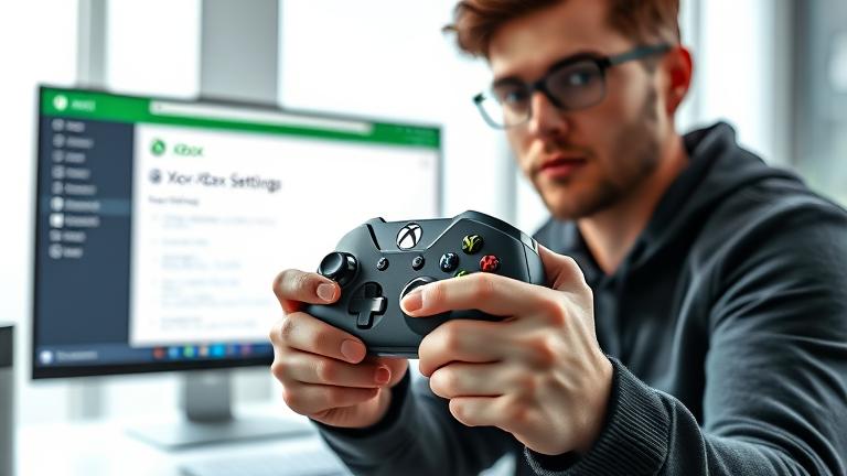 alt_text: Person with Xbox controller in a modern setup, managing Xbox account settings on screen.