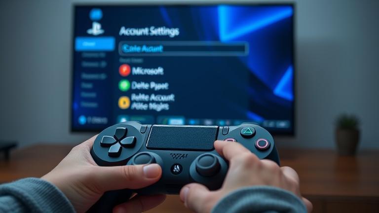 Person manages Microsoft account settings on PS4 with controller, TV, and icons for info.