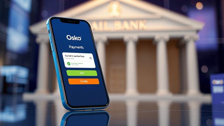 alt_text: Smartphone showing Osko payment confirmation with reversal icons, set against a digital banking background.