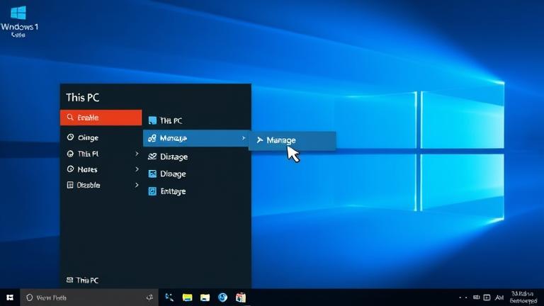 alt_text: Windows 10 desktop with "Manage" highlighted on "This PC" for system management tutorial.
