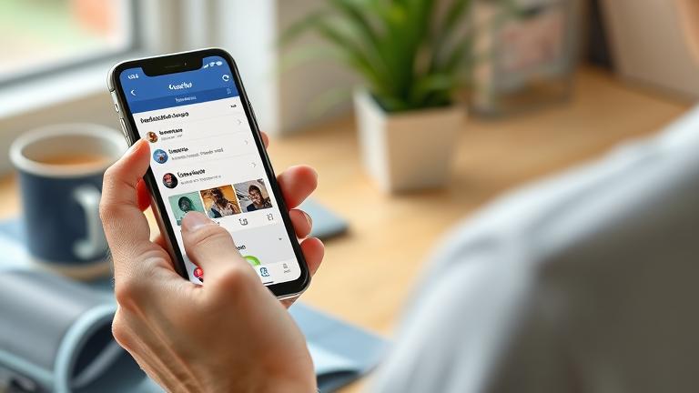 alt_text: Person using Facebook on phone, managing groups calmly in a cozy, bright workspace.
