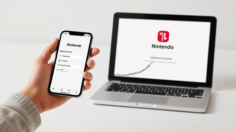 alt_text: Person unlinks Nintendo account on devices, with logo and breaking chain symbols.