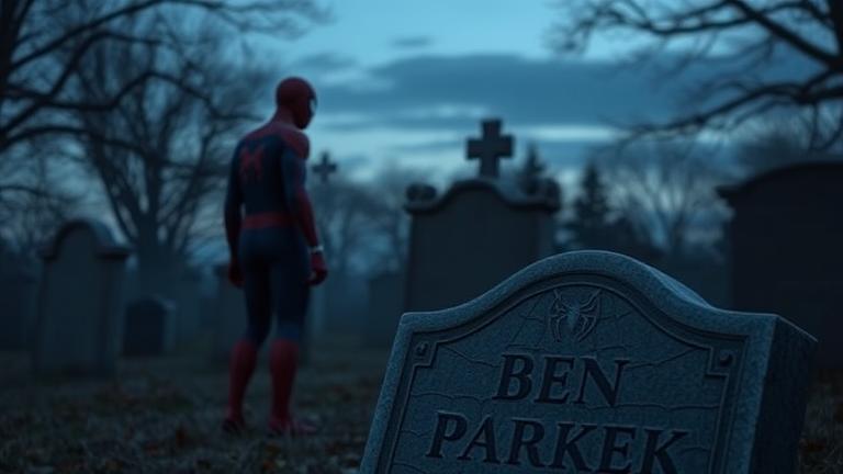 alt_text: Spider-Man at Ben Parker's grave in a somber twilight scene with web patterns and mystery.