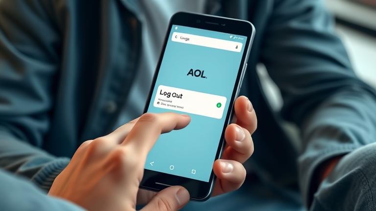 alt_text: Person tapping AOL logout on Android in a casual, modern setting.