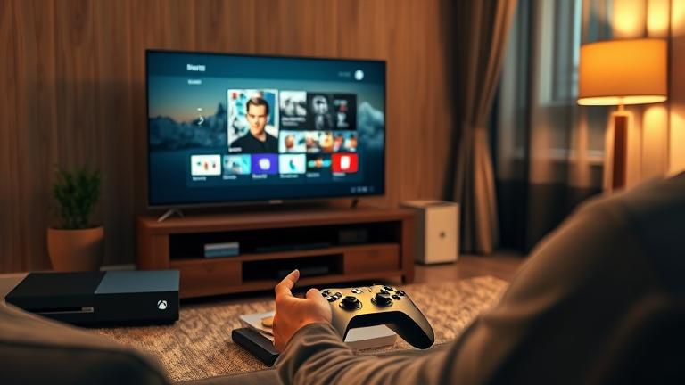 alt_text: Person watches DVD on Xbox One in cozy, offline living room with remote and nearby DVD case.