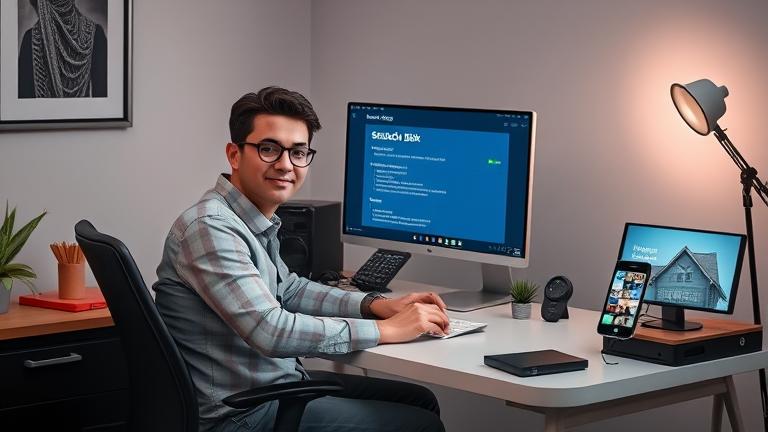 alt_text: Tech-savvy person troubleshooting Photoshop at modern desk with tools and bright lighting.