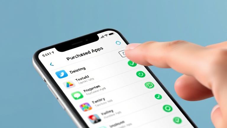 alt_text: User taps trash icon to delete an app from purchased apps list on smartphone.