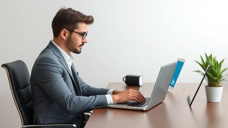 alt_text: Professional logs out of LinkedIn on a clean desk, with subtle branding in background.