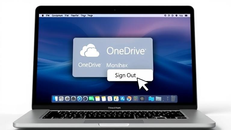 alt_text: MacBook screen showing OneDrive menu with 'Sign Out' option highlighted and cursor clicking it.