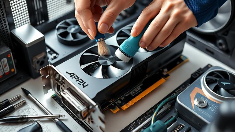 A technician cleaning a high-performance graphics card with tools in a tidy workspace.