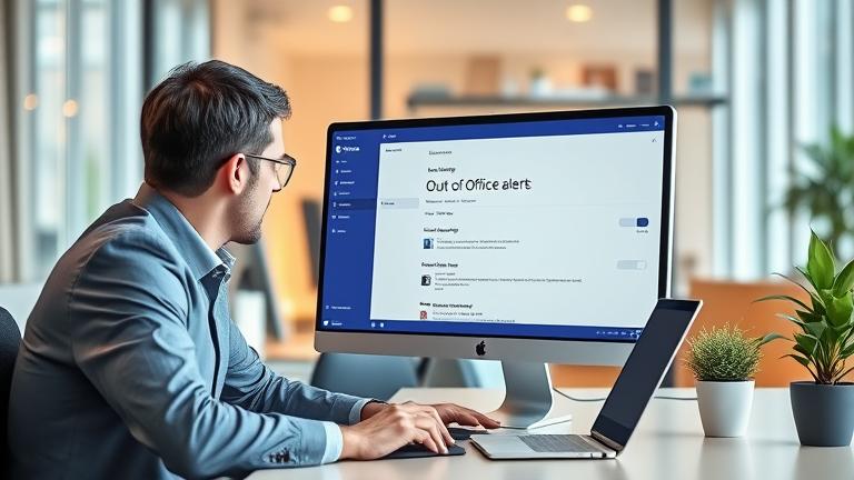 alt_text: Person configuring Out of Office in Microsoft Teams on a laptop in a modern office.
