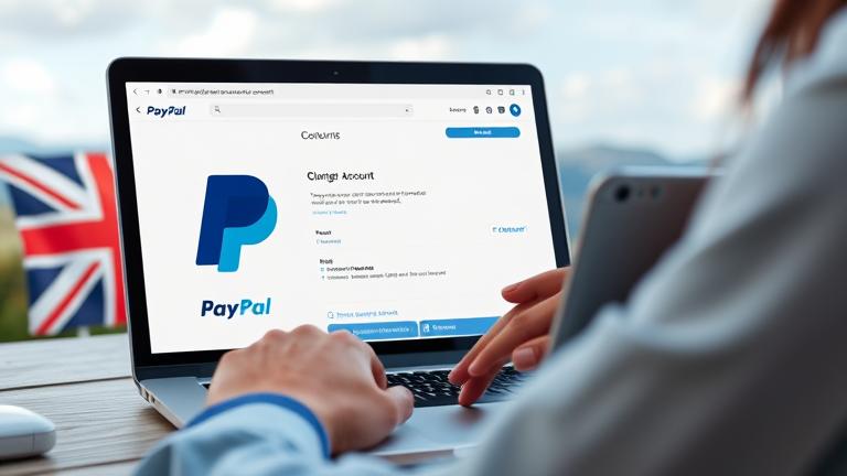 alt_text: Person closing PayPal UK on laptop; UK flag in background, professional and clear.