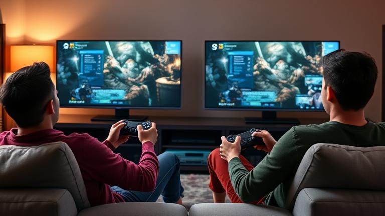 alt_text: Two people play split-screen Xbox on separate TVs in a cozy, immersive living room.