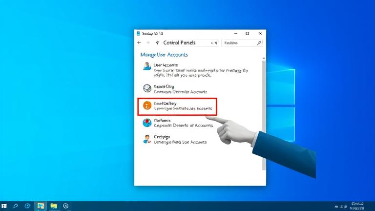 alt_text: IT pro points at Windows 10 Control Panel's User Accounts for managing domain profiles.
