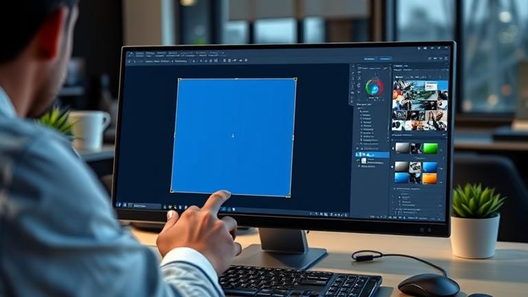 alt_text: Person repositioning Photoshop canvas in a modern workspace, with tools and layers visible.