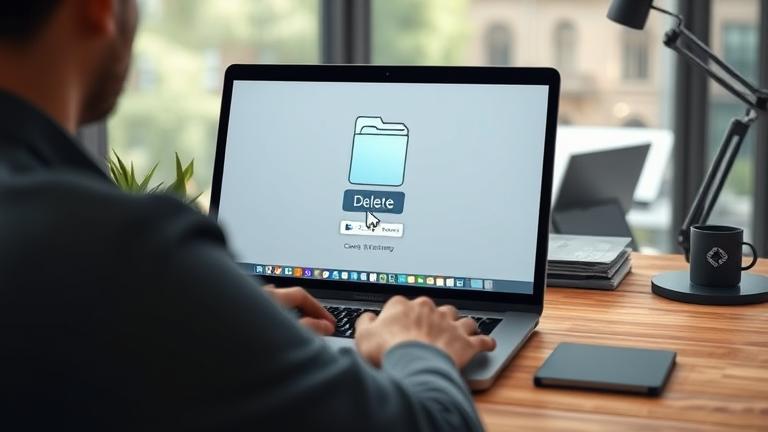 alt_text: Person deleting a folder on a laptop screen with a trash bin icon visible.
