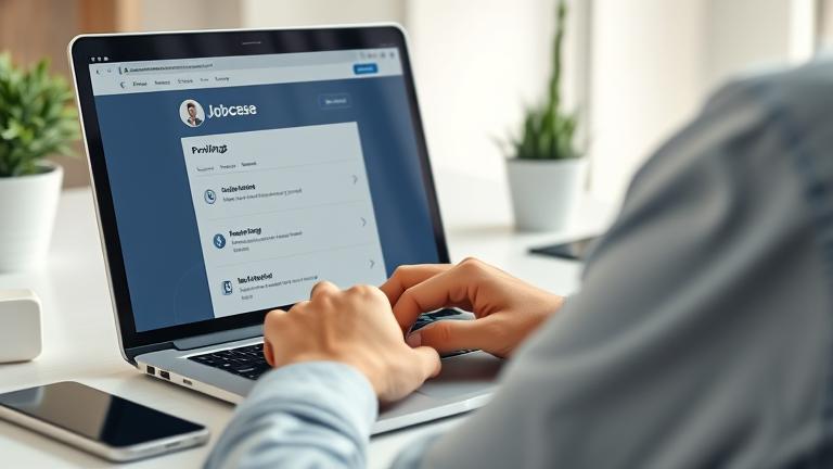 alt_text: User managing their Jobcase profile on laptop in a modern, clean workspace.