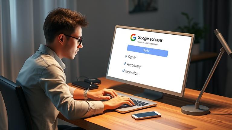 alt_text: Person at desk reactivating Google account, with logo, phone, and step checklist.